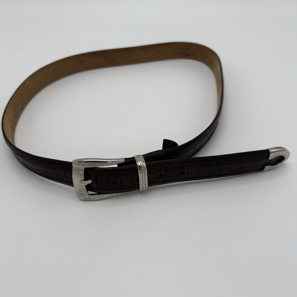 Mezlan Men's Dress Belt Size 34 Brown Silver Tone Buckle Genuine Crocodile
